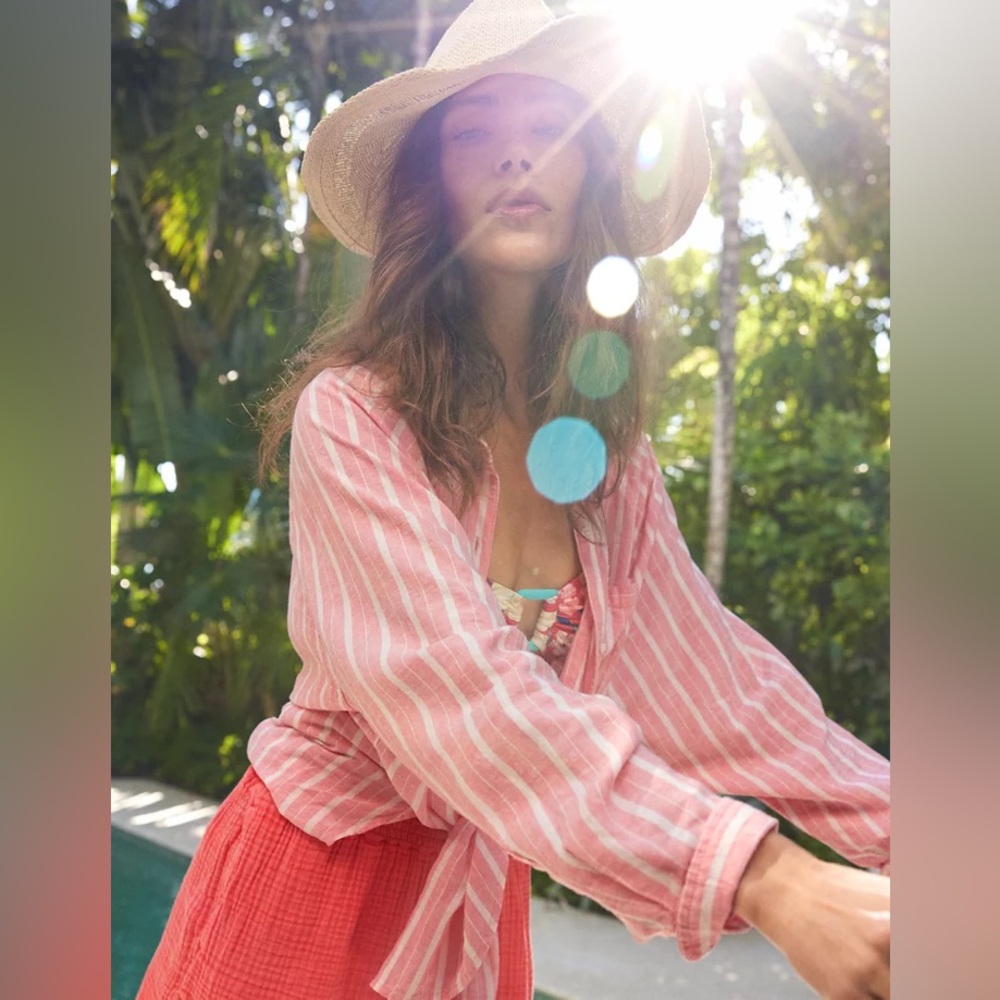 Aerie Linen Blend Coverup Shirt Pink and White Stripe Button Down - Picture 4 of 10